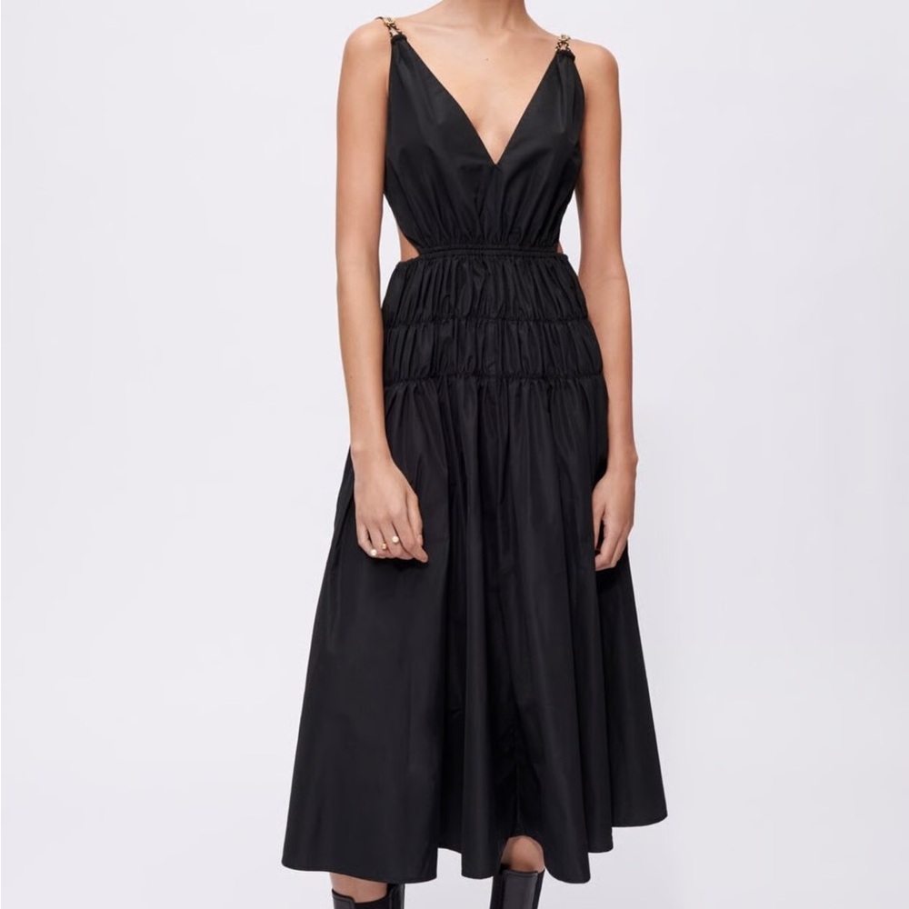 Maje Black Midi Dress with Cutout and Cinched Waist